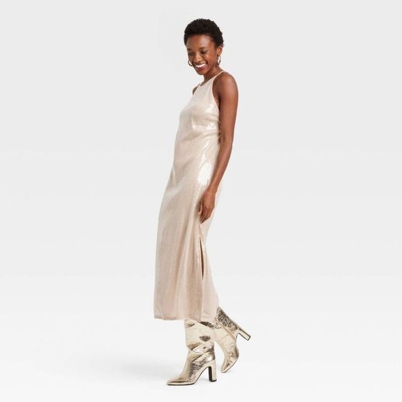 Open Box - A New Day -  Women's Sequin Midi A-Line Dress Halter  Tan - Picture 1 of 3